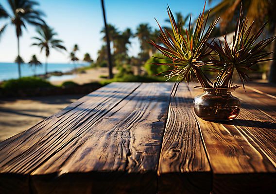 JPG 편집이미지 풍경 해변 사람없음 여름 야자수 꽃병 풀 열대식물 디지털합성 나무탁자 블러효과 편집소스 편집실사 AI포토 AI콘텐츠 나무 식물 계절 꽃 바다 탁자 CG 블러 파일형식 효과