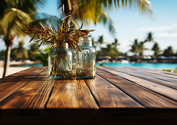 JPG 편집이미지 유리병 풍경 해변 사람없음 여름 야자수 풀 열대식물 디지털합성 나무탁자 블러효과 편집소스 편집실사 AI포토 AI콘텐츠 나무 식물 계절 바다 탁자 병_용기 CG 블러 파일형식 효과