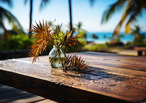 JPG 편집이미지 유리병 풍경 해변 사람없음 여름 야자수 꽃병 풀 열대식물 디지털합성 나무탁자 블러효과 편집소스 편집실사 AI포토 AI콘텐츠 나무 식물 계절 꽃 바다 탁자 병_용기 CG 블러 파일형식 효과