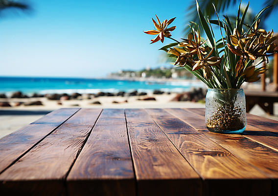 JPG 편집이미지 꽃 유리병 풍경 해변 사람없음 여름 꽃병 풀 열대식물 디지털합성 나무탁자 블러효과 편집소스 편집실사 AI포토 AI콘텐츠 식물 계절 바다 탁자 병_용기 CG 블러 파일형식 효과