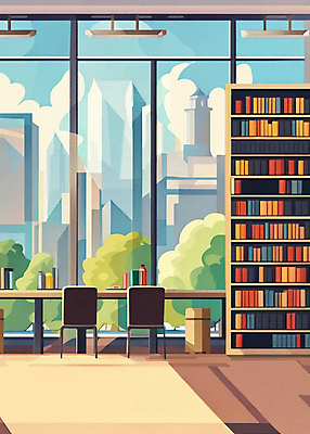JPG 나무 구름 의자 일러스트 창문 조명 책장 실내 풍경 빌딩 사람없음 건물 책 공간 쓰레기통 도시 도서관 책상 국내일러스트 AI일러스트 AI콘텐츠 자연요소 식물 건축물 교육 가구 내부 파일형식