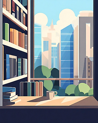 JPG 나무 구름 커피 일러스트 창문 책장 실내 풍경 빌딩 사람없음 건물 책 공간 도시 도서관 커피잔 책상 창밖 국내일러스트 AI일러스트 AI콘텐츠 자연요소 식물 건축물 교육 음료 가구 잔 내부 파일형식
