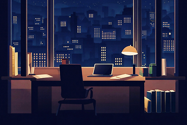JPG 종이 야경 의자 일러스트 창문 실내 빌딩 사람없음 건물 책 빛 태블릿 공간 스탠드 도시 도서관 남색 책상 창밖 국내일러스트 AI일러스트 AI콘텐츠 건축물 교육 컬러 가구 조명 내부 전자제품 스마트기기 야간 파일형식 풍경_경치