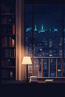 JPG 야경 일러스트 창문 밤하늘 책장 실내 빌딩 사람없음 건물 책 빛 어둠 공간 스탠드 도시 도서관 남색 책상 창밖 국내일러스트 AI일러스트 AI콘텐츠 건축물 교육 컬러 가구 하늘 조명 내부 야간 파일형식 풍경_경치