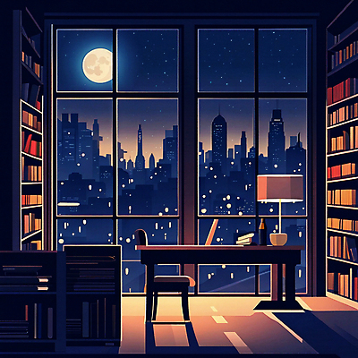 JPG 음료 야경 의자 일러스트 창문 밤하늘 책장 실내 빌딩 사람없음 건물 책 빛 반짝임 공간 보름달 스탠드 도시 도서관 책상 창밖 국내일러스트 AI일러스트 AI콘텐츠 건축물 교육 가구 모션 하늘 조명 내부 달 야간 파일형식 풍경_경치