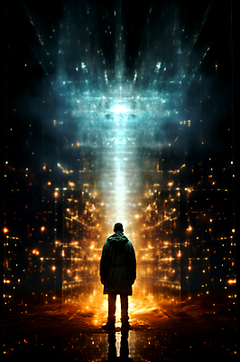 JPG 전신 편집이미지 남자 한명 서기 성인 빛 반짝임 디지털 어둠 공간 사이버 디지털합성 보안 해킹 해커 정보보호 정보수집 성인남자한명만 편집소스 편집실사 AI컴퓨터그래픽 AI콘텐츠 1 모션 안전 사람 범죄 보호 수집 CG 남자한명만 성인남자만 파일형식