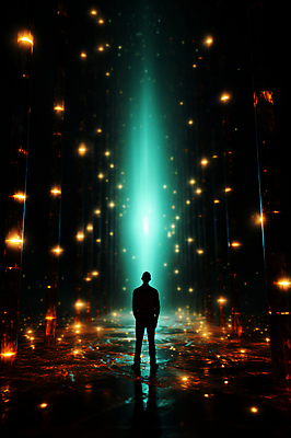 JPG 전신 편집이미지 남자 길 한명 서기 성인 빛 반짝임 디지털 어둠 공간 사이버 디지털합성 보안 해킹 해커 정보보호 정보수집 성인남자한명만 편집소스 편집실사 AI컴퓨터그래픽 AI콘텐츠 1 모션 안전 사람 범죄 보호 수집 CG 남자한명만 성인남자만 파일형식