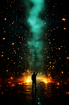 JPG 전신 편집이미지 남자 한명 서기 성인 빛 반짝임 손들기 디지털 어둠 공간 연기 사이버 디지털합성 보안 해킹 해커 정보보호 정보수집 성인남자한명만 편집소스 편집실사 AI컴퓨터그래픽 AI콘텐츠 1 모션 안전 사람 범죄 보호 수집 CG 남자한명만 성인남자만 파일형식