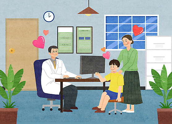 전신 PSD 여자 남자 화분 어린이 시계 액자 의자 일러스트 창문 조명 병원 서기 앉기 손짓 소년 성인 세명 문 모니터 진료 환자 의사 하트 타이핑 책상 상담 서랍장 소아과 소아과의사 진료실 어깨에손 국내일러스트 모자관계 모양 아들 가구 의학 가족 모션 엄마 사람 컴퓨터 의료진 파일형식