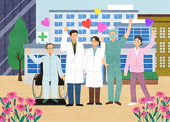 전신 PSD 나무 여자 남자 꽃 중년 일러스트 응원 병원 마스크 서기 앉기 여러명 성인 손들기 파이팅 환자 간호사 의사 하트 의사가운 휠체어 수술복 화단 환자복 국내일러스트 모양 식물 옷 다수 의학 모션 사람 의료진 가운 파일형식