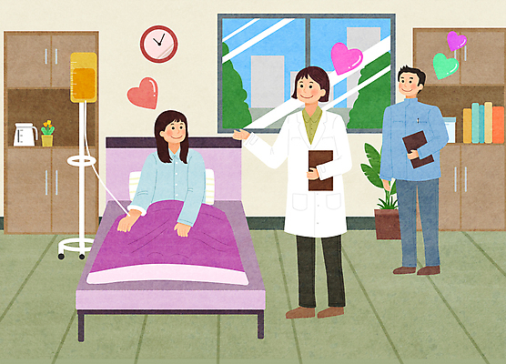 전신 PSD 여자 남자 화분 시계 일러스트 병원 서기 들기 앉기 손짓 상반신 성인 건물 책 세명 마주보기 진료 환자 간호사 의사 의사가운 커피포트 링거 서랍장 환자복 링거걸이 병원침대 서류판 입원 입원실 성인만 국내일러스트 건축물 옷 가구 의학 의료기기 모션 주전자 사람 사무용품 의료진 침대 가운 파일형식