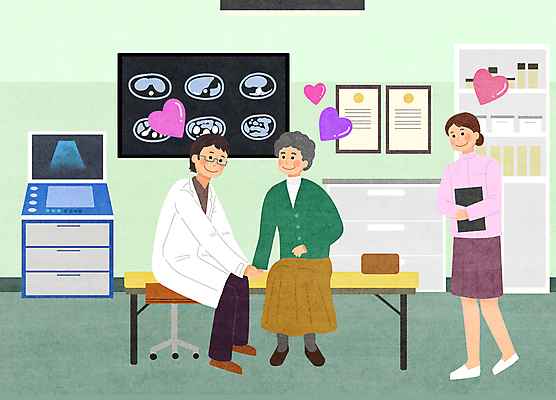 전신 PSD 여자 노년 남자 할머니 의자 일러스트 의료기기 병원 서기 들기 앉기 성인 세명 손잡기 진료 환자 간호사 의사 하트 의사가운 서랍장 서류판 증명서 진료실 초음파 CT촬영 국내일러스트 모양 가구 의학 모션 사람 사무용품 의료진 가운 파일형식