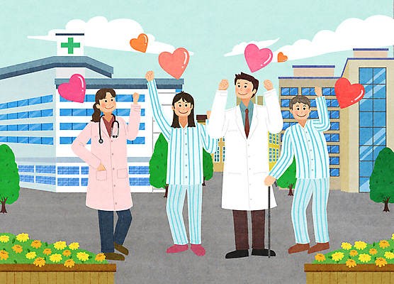 전신 PSD 나무 구름 여자 남자 꽃 화분 중년 일러스트 응원 지팡이 병원 서기 여러명 성인 건물 손들기 파이팅 주먹 환자 의사 하트 의사가운 화단 환자복 국내일러스트 자연요소 모양 식물 건축물 옷 다수 의학 모션 사람 의료진 가운 파일형식