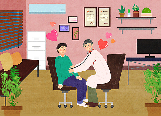 전신 PSD 남자 화분 중년 액자 쿠션 의자 일러스트 청진기 선반 병원 앉기 성인 두명 마주보기 모니터 진료 환자 의사 하트 의사가운 블라인드 에어컨 검사_조사 서랍장 내과 남자만 국내일러스트 모양 가구 의학 의료기기 모션 사람 컴퓨터 가전제품 의료진 가운 커튼 파일형식