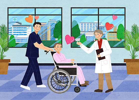 전신 PSD 나무 여자 남자 화분 중년 일러스트 창문 병원 앉기 성인 건물 세명 손들기 걷기 환자 간호사 의사 의사가운 복도 밀기 휠체어 손인사 환자복 서류판 국내일러스트 식물 건축물 옷 의학 모션 사람 사무용품 의료진 인사 가운 파일형식