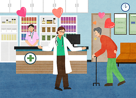 전신 PSD 여자 할아버지 노년 남자 시계 의자 일러스트 지팡이 선반 안내 알림판 병원 손짓 상반신 성인 세명 소파 문 걷기 환자 간호사 의사 하트 의사가운 약병 입장 서랍장 뒷짐 방문 환영 접수 국내일러스트 모양 가구 의학 모션 사람 약 의료진 가운 병_담는 파일형식