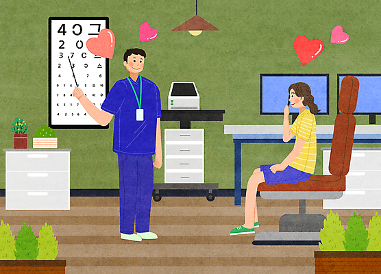 전신 PSD 여자 남자 화분 의자 일러스트 의료기기 지팡이 조명 서기 들기 앉기 성인 두명 모니터 숟가락 진료 환자 의사 하트 가리킴 책상 서랍장 안과 시력검사 시력검사표 성인만 눈건강 국내일러스트 모양 가구 의학 모션 수저 건강 병원 사람 손짓 컴퓨터 의료진 검사_조사 파일형식