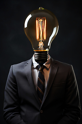 JPG 편집이미지 생각 전구 조명 아이디어 의인화 정장 상반신 사람없음 어둠 비즈니스맨 편집실사 AI컴퓨터그래픽 AI콘텐츠 옷 남자 컨셉 비즈니스 직장인 CG 파일형식