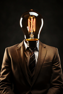 JPG 편집이미지 생각 전구 조명 아이디어 의인화 정장 상반신 사람없음 어둠 비즈니스맨 편집실사 AI컴퓨터그래픽 AI콘텐츠 옷 남자 컨셉 비즈니스 직장인 CG 파일형식