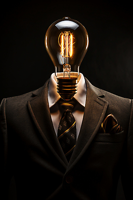 JPG 편집이미지 생각 전구 조명 아이디어 의인화 정장 상반신 사람없음 빛 어둠 비즈니스맨 편집실사 AI컴퓨터그래픽 AI콘텐츠 옷 남자 컨셉 비즈니스 직장인 CG 파일형식