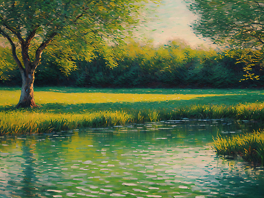 JPG 나무 편집이미지 호수 물결 자연 풍경 사람없음 연두색 표현 물가 풀 디지털합성 그림 질감 유화 편집실사 식물 미술 초록색 CG 생태계 파일형식