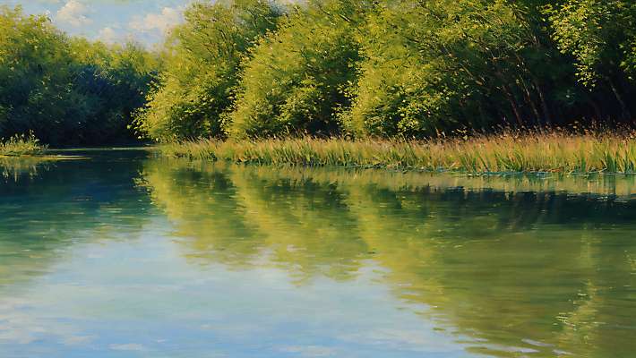 JPG 나무 편집이미지 호수 물결 자연 풍경 사람없음 연두색 반사 표현 물가 풀 디지털합성 그림 질감 유화 편집실사 식물 미술 초록색 CG 생태계 파일형식