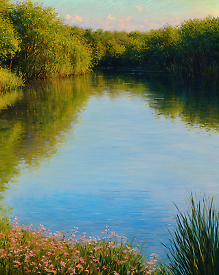 JPG 나무 구름 편집이미지 꽃 호수 물결 자연 풍경 사람없음 표현 물가 풀 디지털합성 그림 질감 유화 편집실사 자연요소 식물 미술 CG 생태계 파일형식