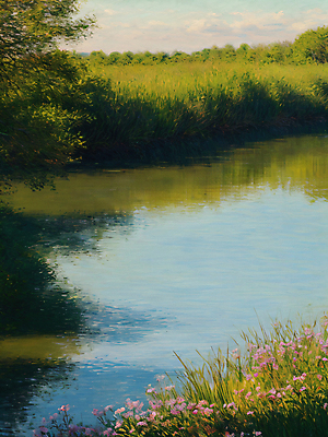 JPG 나무 편집이미지 꽃 호수 물결 자연 그림자 풍경 사람없음 표현 물가 풀 디지털합성 그림 질감 유화 편집실사 식물 미술 CG 생태계 파일형식