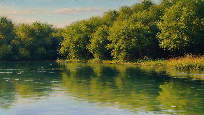 JPG 나무 구름 편집이미지 호수 물결 자연 풍경 사람없음 연두색 반사 표현 물가 풀 디지털합성 그림 질감 유화 편집실사 자연요소 식물 미술 초록색 CG 생태계 파일형식