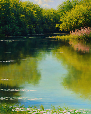 JPG 나무 편집이미지 꽃 호수 물결 자연 풍경 사람없음 연두색 반사 표현 물가 풀 디지털합성 그림 질감 유화 편집실사 식물 미술 초록색 CG 생태계 파일형식