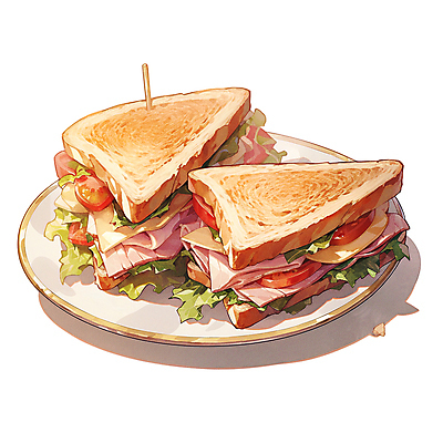 JPG 접시 빵 토마토 채소 일러스트 치즈 샌드위치 사람없음 햄 이쑤시개 부스러기 국내일러스트 AI일러스트 AI콘텐츠 식기 음식 유제품 육류 파일형식