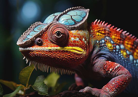 JPG 편집이미지 한마리 잎 파충류 근접촬영 사람없음 디지털합성 카멜레온 보호색 편집실사 AI포토 AI콘텐츠 식물 동물 1 뷰포인트 컬러 CG 파일형식