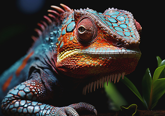 JPG 편집이미지 한마리 잎 파충류 근접촬영 사람없음 디지털합성 카멜레온 보호색 편집실사 AI포토 AI콘텐츠 식물 동물 1 뷰포인트 컬러 CG 파일형식