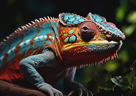 JPG 편집이미지 한마리 잎 파충류 근접촬영 사람없음 나뭇가지 디지털합성 카멜레온 보호색 편집실사 AI포토 AI콘텐츠 나무 식물 동물 1 뷰포인트 컬러 CG 파일형식