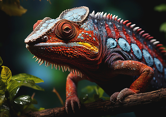 JPG 편집이미지 한마리 잎 파충류 근접촬영 사람없음 나뭇가지 디지털합성 카멜레온 보호색 편집실사 AI포토 AI콘텐츠 나무 식물 동물 1 뷰포인트 컬러 CG 파일형식