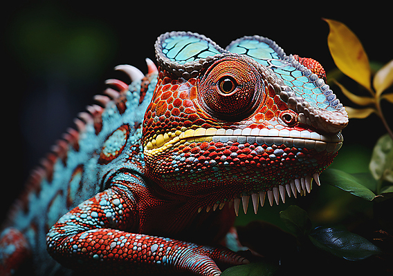 JPG 편집이미지 한마리 잎 파충류 근접촬영 사람없음 디지털합성 카멜레온 보호색 편집실사 AI포토 AI콘텐츠 식물 동물 1 뷰포인트 컬러 CG 파일형식