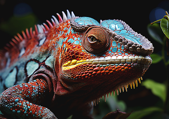 JPG 편집이미지 한마리 잎 파충류 근접촬영 사람없음 디지털합성 카멜레온 보호색 편집실사 AI포토 AI콘텐츠 식물 동물 1 뷰포인트 컬러 CG 파일형식