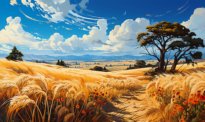 JPG 나무 구름 편집이미지 꽃 길 자연 하늘 풍경 사람없음 농작물 농경지 가을 시골 밀 디지털합성 밀밭 편집실사 자연요소 식물 계절 밭 농업 곡류 농장 CG 생태계 파일형식