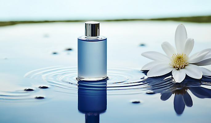 JPG 편집이미지 꽃 물결 사람없음 물 파란색 뷰티 반사 화장품 오브젝트 파장 스킨 물결파장 스킨케어 공병 목업 편집실사 AI포토 AI콘텐츠 자연요소 식물 컬러 CG 병_담는 파일형식