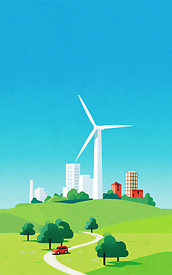 JPG 나무 길 하늘색 일러스트 자동차 하늘 풍경 사람없음 건물 자연보호 도시 그린에너지 언덕 에코 친환경 풍력발전소 풍력기 그린시티 국내일러스트 AI일러스트 AI콘텐츠 식물 건축물 육상교통 자연 파란색 환경 발전소 에너지 풍력에너지 보호 파일형식 그린뉴딜