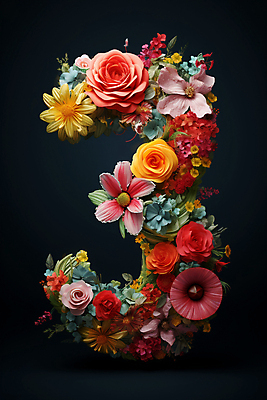 JPG 편집이미지 디자인 꽃 잎 3 타이포그라피 사람없음 컬러풀 숫자 풀 화려 편집실사 AI컴퓨터그래픽 AI콘텐츠 식물 문자 컬러 컨셉 CG 파일형식