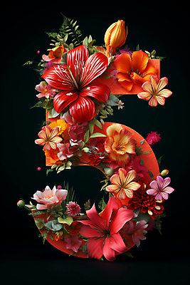 JPG 편집이미지 디자인 꽃 잎 타이포그라피 사람없음 빨간색 숫자 풀 화려 꽃봉오리 5 편집실사 AI컴퓨터그래픽 AI콘텐츠 식물 문자 컬러 컨셉 CG 파일형식