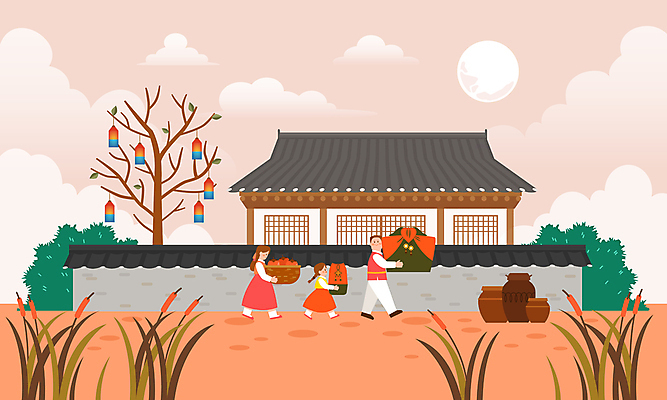 전신 나무 구름 여자 남자 어린이 백그라운드 일러스트 가족 하늘 기와집 갈대 선물 들기 풍경 소녀 성인 세명 바구니 걷기 추석 가을 시골 항아리 보따리 청사초롱 귀성길 추석선물 기와담장 국내일러스트 AI파일 자연요소 식물 계절 명절 관계 모션 한옥 기와 사람 담장 도자기 초롱 파일형식 벡터 명절선물