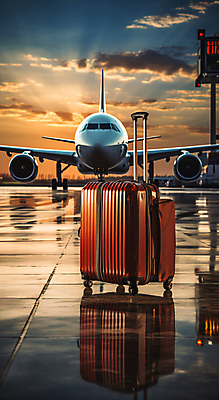 JPG 구름 편집이미지 여행 하늘 비행기 사람없음 햇빛 반사 캐리어 일몰 공항 디지털합성 편집실사 AI포토 AI콘텐츠 자연요소 항공교통 교통시설 대중교통 태양 노을 여행가방 CG 파일형식