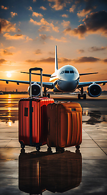 JPG 구름 편집이미지 여행 하늘 비행기 사람없음 햇빛 반사 캐리어 일몰 공항 디지털합성 편집실사 AI포토 AI콘텐츠 자연요소 항공교통 교통시설 대중교통 태양 노을 여행가방 CG 파일형식