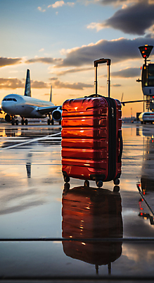 JPG 구름 편집이미지 여행 하늘 비행기 사람없음 반사 캐리어 일몰 공항 디지털합성 편집실사 AI포토 AI콘텐츠 자연요소 항공교통 교통시설 대중교통 노을 여행가방 CG 파일형식