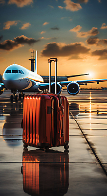 JPG 구름 편집이미지 여행 하늘 비행기 사람없음 햇빛 반사 캐리어 일몰 공항 디지털합성 편집실사 AI포토 AI콘텐츠 자연요소 항공교통 교통시설 대중교통 태양 노을 여행가방 CG 파일형식