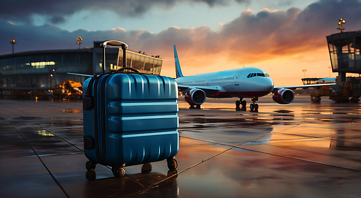 JPG 구름 편집이미지 여행 하늘 비행기 사람없음 반사 캐리어 일몰 공항 디지털합성 편집실사 AI포토 AI콘텐츠 자연요소 항공교통 교통시설 대중교통 노을 여행가방 CG 파일형식