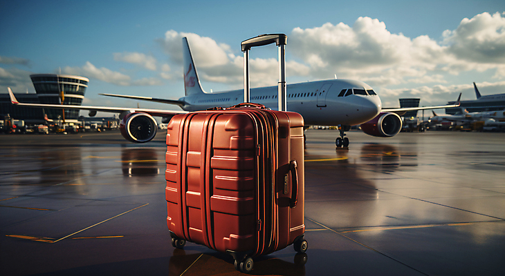 JPG 구름 편집이미지 여행 하늘 비행기 사람없음 캐리어 공항 디지털합성 편집실사 AI포토 AI콘텐츠 자연요소 항공교통 교통시설 대중교통 여행가방 CG 파일형식