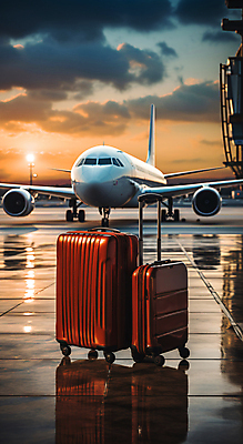 JPG 구름 편집이미지 여행 하늘 비행기 사람없음 햇빛 반사 캐리어 일몰 공항 디지털합성 편집실사 AI포토 AI콘텐츠 자연요소 항공교통 교통시설 대중교통 태양 노을 여행가방 CG 파일형식